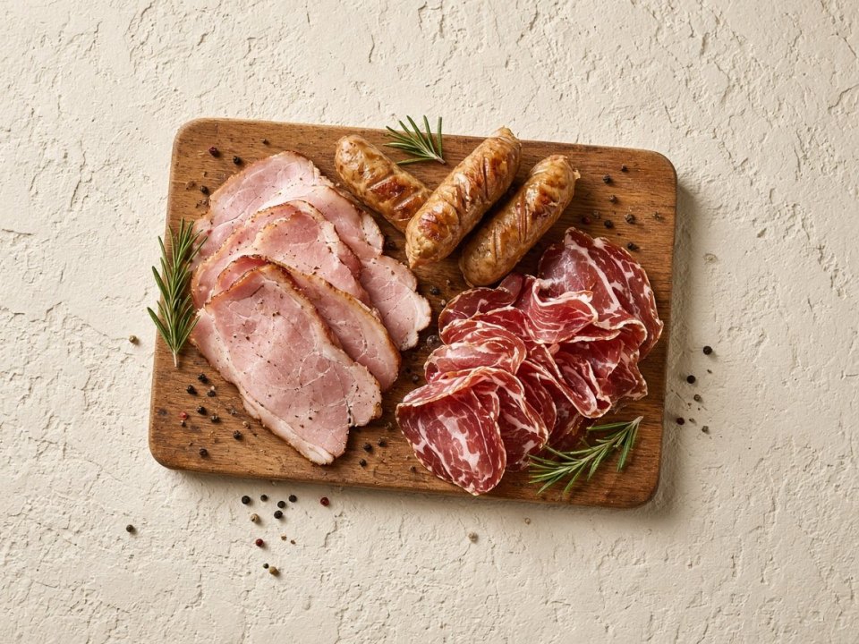 Копчёности, ветчина и колбаски мясного цеха
