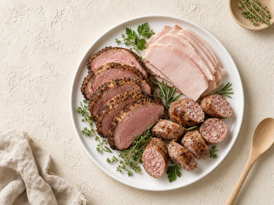 Мясная нарезка, ветчина и колбаски